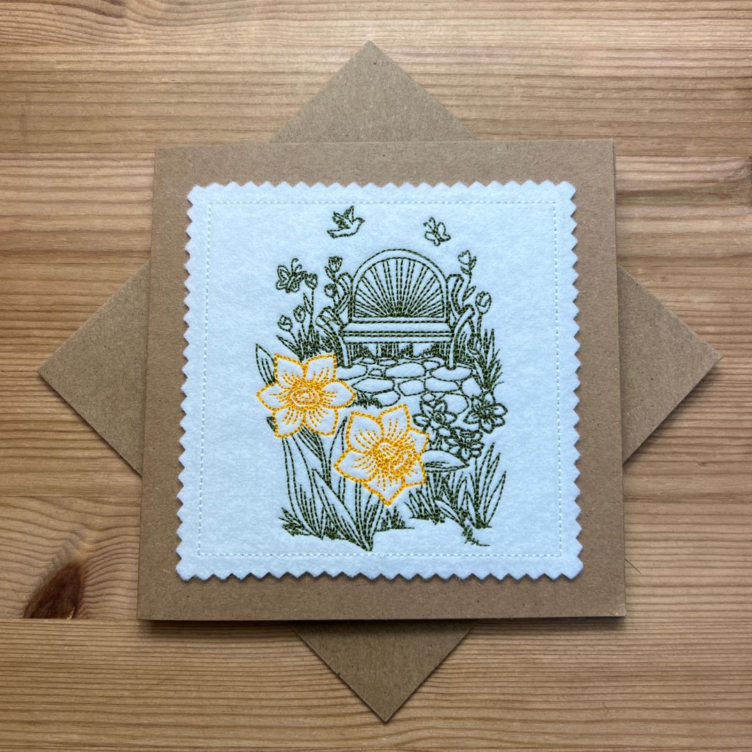 Beautiful cottage garden bench design embroidered onto felt and placed onto Kraft Card. Not only it this a beautiful gift to give someone, but is a fabulous keepsake item too.