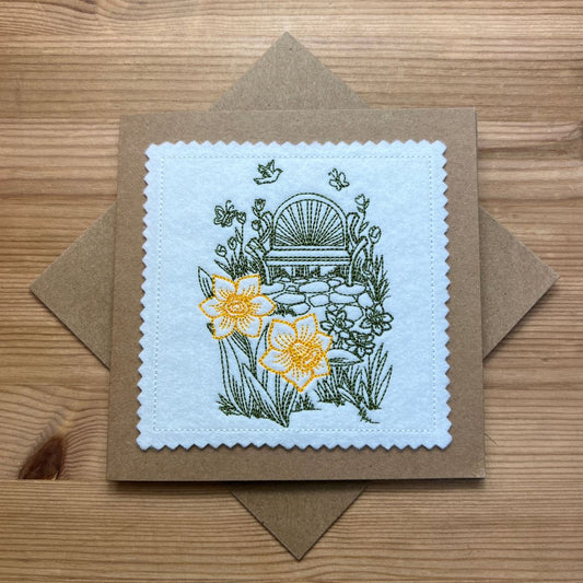 Beautiful cottage garden bench design embroidered onto felt and placed onto Kraft Card. Not only it this a beautiful gift to give someone, but is a fabulous keepsake item too.