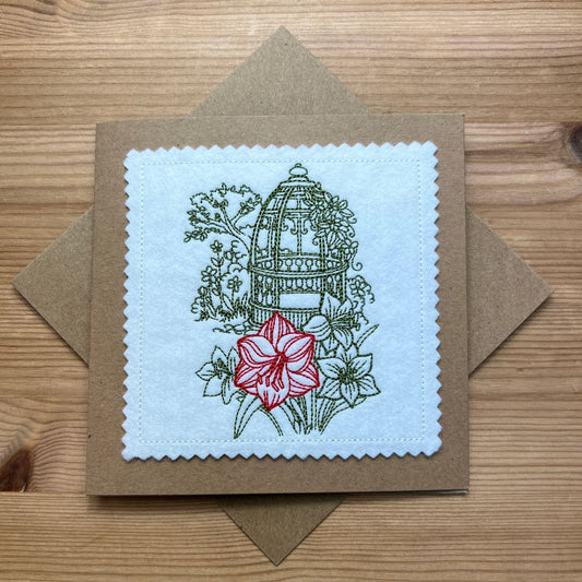This lovely Cottage Garden card with a gazebo in it is just beautiful designed. The design is embroidered onto felt and then cut out and attached to card. This item is not just a gift, but a keepsake item too.