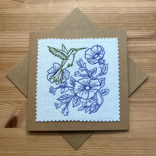 This wonderful cottage garden card with a humming bird is just so lovely. with embroidered delicate detail that is made at Coralie's Crafts & Gifts in Dorset