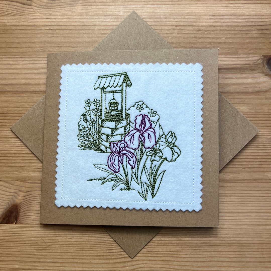 This beautiful cottage garden card is embroidere onto felt, cut out and placed onto Kraft Card. This is all done by Coralie in her Shop Coralie's Crafts & Gifts in Blandford Forum, Dorset. This is not just a card, but a keepsake gift too.