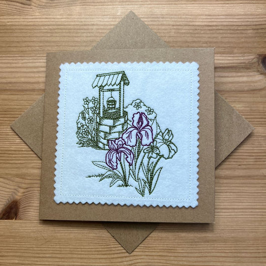 This beautiful cottage garden card is embroidere onto felt, cut out and placed onto Kraft Card. This is all done by Coralie in her Shop Coralie's Crafts & Gifts in Blandford Forum, Dorset. This is not just a card, but a keepsake gift too.