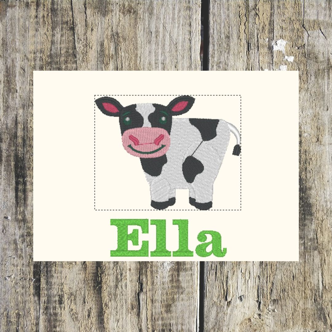 Lovely smiling cow design personalised with a name and can be embroidered onto Hand towels, bath towels, bath sheets and hooded towels. 