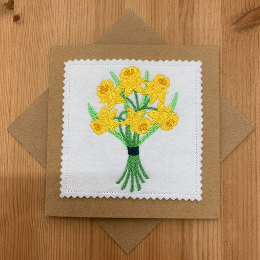Beautiful daffodil embroidered card, the perfect gift for friends or family, handmade by Coralie at Coralie's Crafts & Gifts