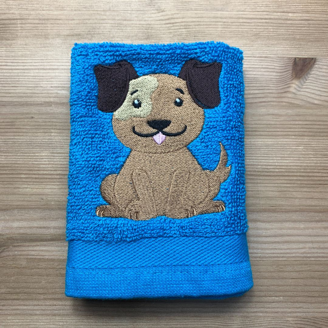 Beautiful dog design embroidered onto super soft face cloths that are 100% cotton, made at Coralie's Crafts & Gifts in Dorset.
