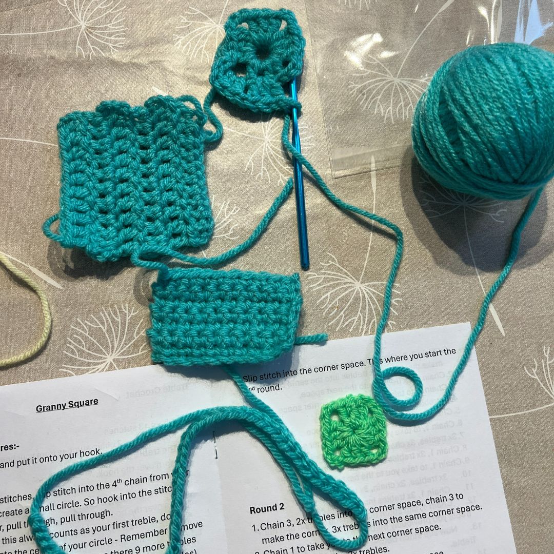 Example of what can be achieved in a level 1 beginners crochet workshop, learning how to chain stitch, double crochet, trebles and the start of granny squares.
