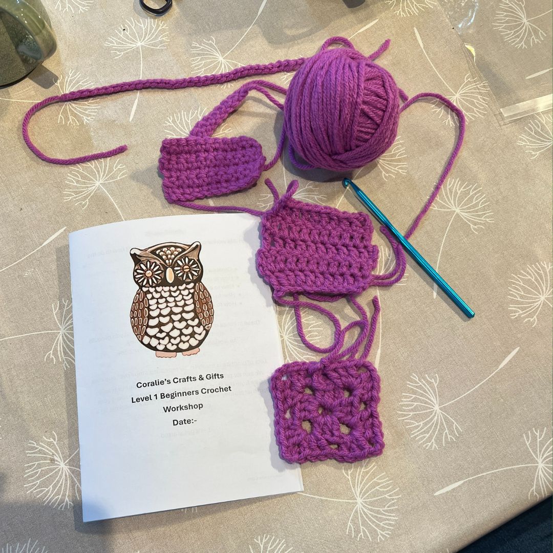 Example of what can be achieved in a level 1 beginners crochet workshop, learning how to chain stitch, double crochet, trebles and the start of granny squares.