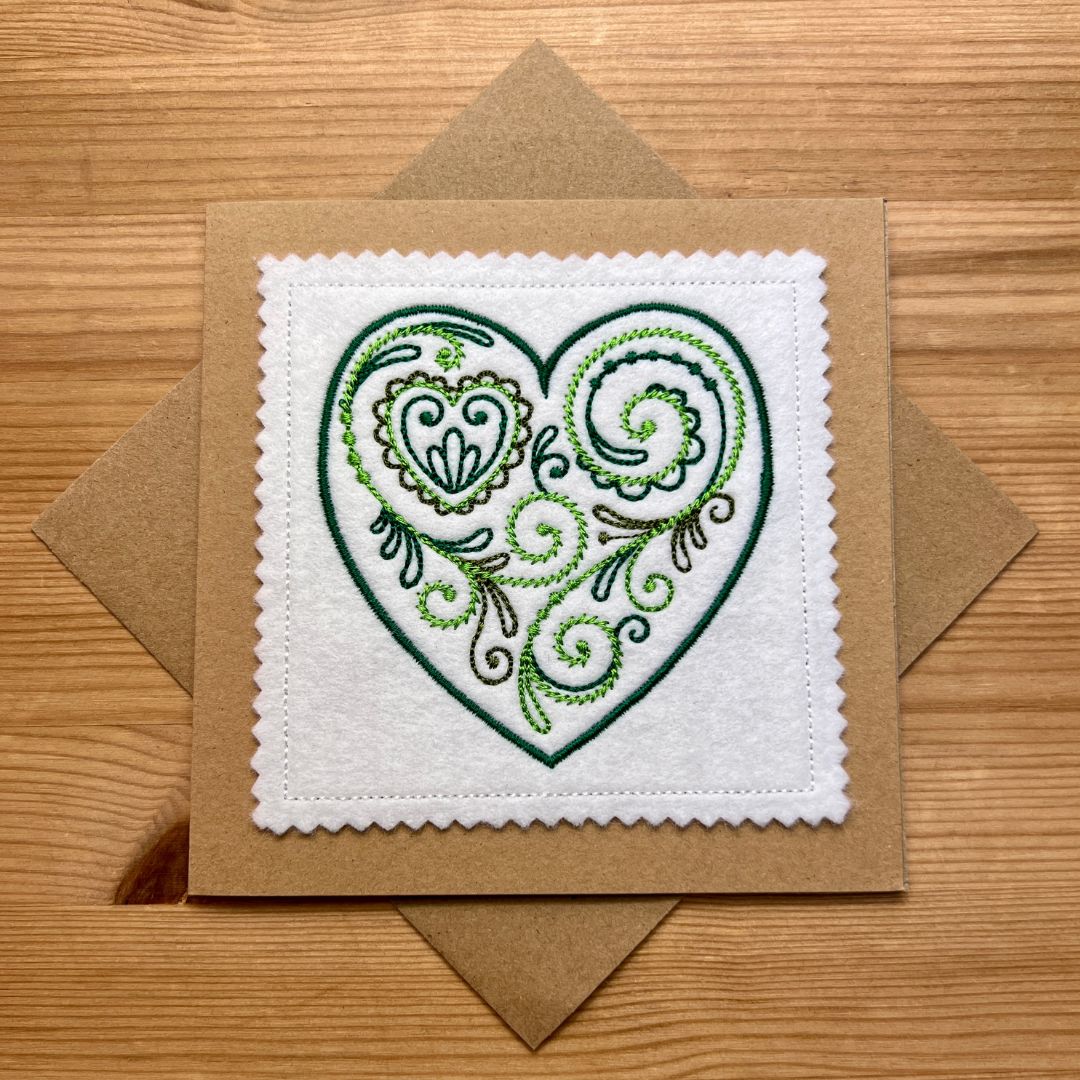 This beautiful green filigree heart design is embroidered onto felt, then put onto card, not just a card, but a keepsake item too.