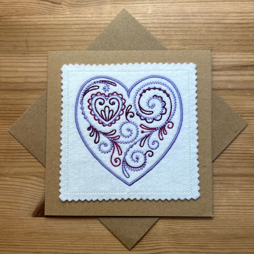 This beautiful purple filigree heart design is embroidered onto felt, then put onto card, not just a card, but a keepsake item too.