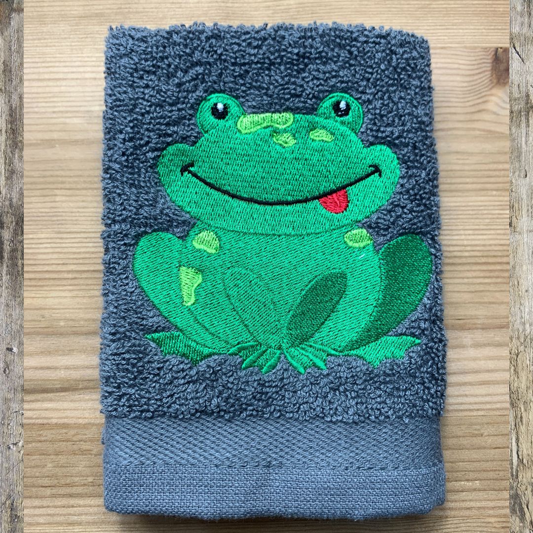 Wonderful frog design embroidered onto super soft 100% cotton face cloths, by Coralie at Coralie's Crafts & Gifts in Dorset, UK.