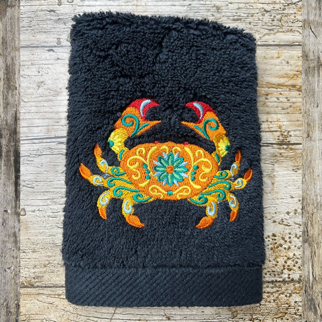 This beautiful Crab design is funky with all the fabulous little accents that are added to the design, its embroidered onto super soft face cloths and made to order at Coralie's Crafts & Gifts in Dorset