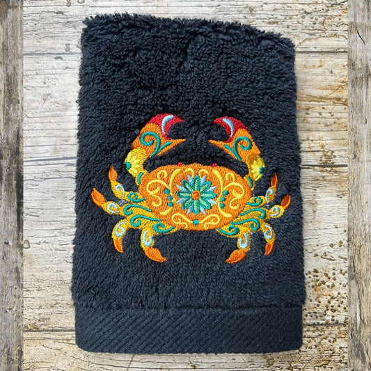 This beautiful Crab design is funky with all the fabulous little accents that are added to the design, its embroidered onto super soft face cloths and made to order at Coralie's Crafts & Gifts in Dorset