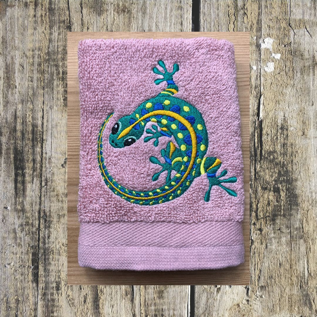 This beautiful gecko design is just so lovely and bright, it is embroidered onto lovely soft face cloths to order and made at Coralie's Crafts & Gifts in Dorset.