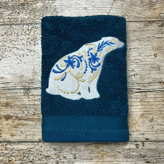 This gorgeous white polar bear design is just wonderful and with all the floral accents on it, On lighter colour face cloths the colours are reversed, This is made to order at Coralie's Crafts & Gifts in Dorset. 