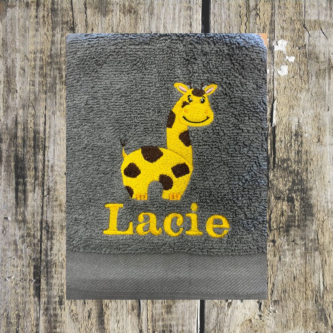 This cheeky giraffe can be personalised with a name and be embroidered onto hand towel, bath towels, bath sheets and hooded towels.