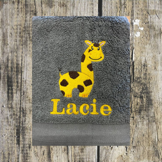 This cheeky giraffe can be personalised with a name and be embroidered onto hand towel, bath towels, bath sheets and hooded towels.