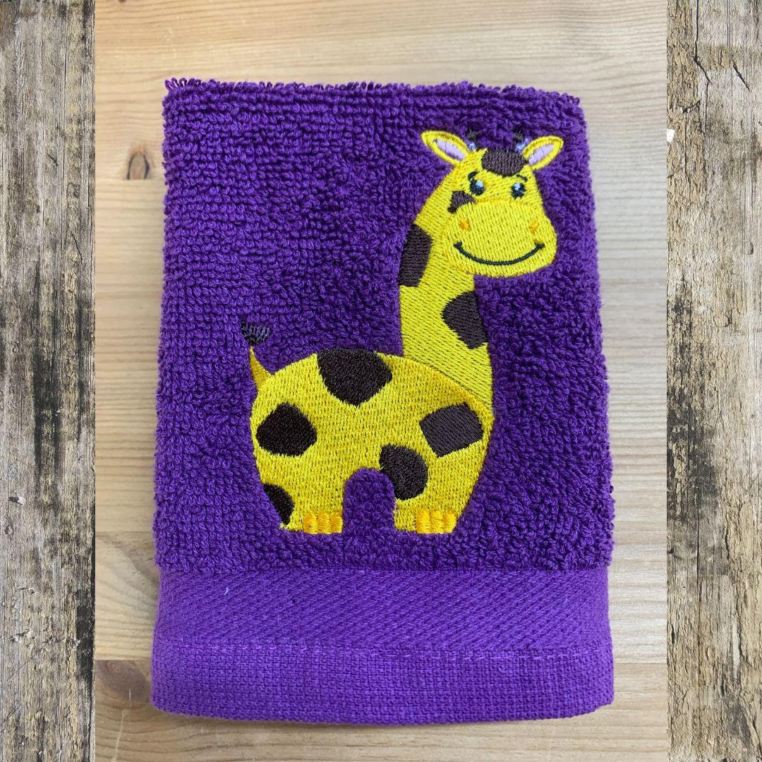 Fabulous Giraffe design embroidered onto super soft cotton face cloths, by Coralie's Crafts & Gifts in Dorset, UK.