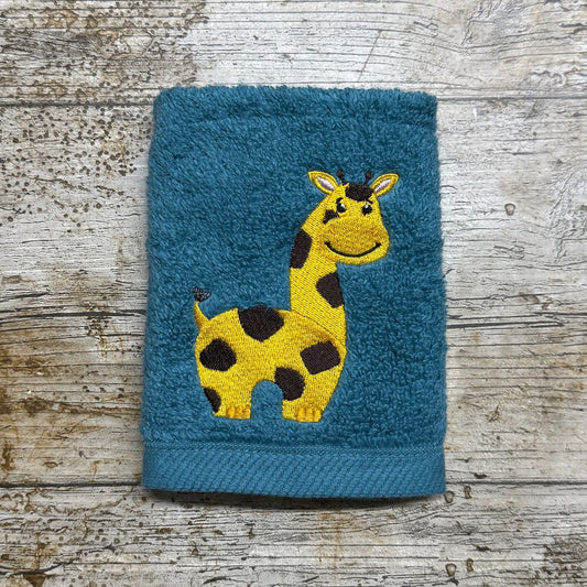Fabulous Giraffe design embroidered onto super soft cotton face cloths, by Coralie's Crafts & Gifts in Dorset, UK.