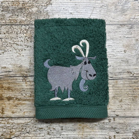 This lovely cheeky goat design is embroidered onto super soft face cloths by Coralie's Crafts & Gifts in Dorset.