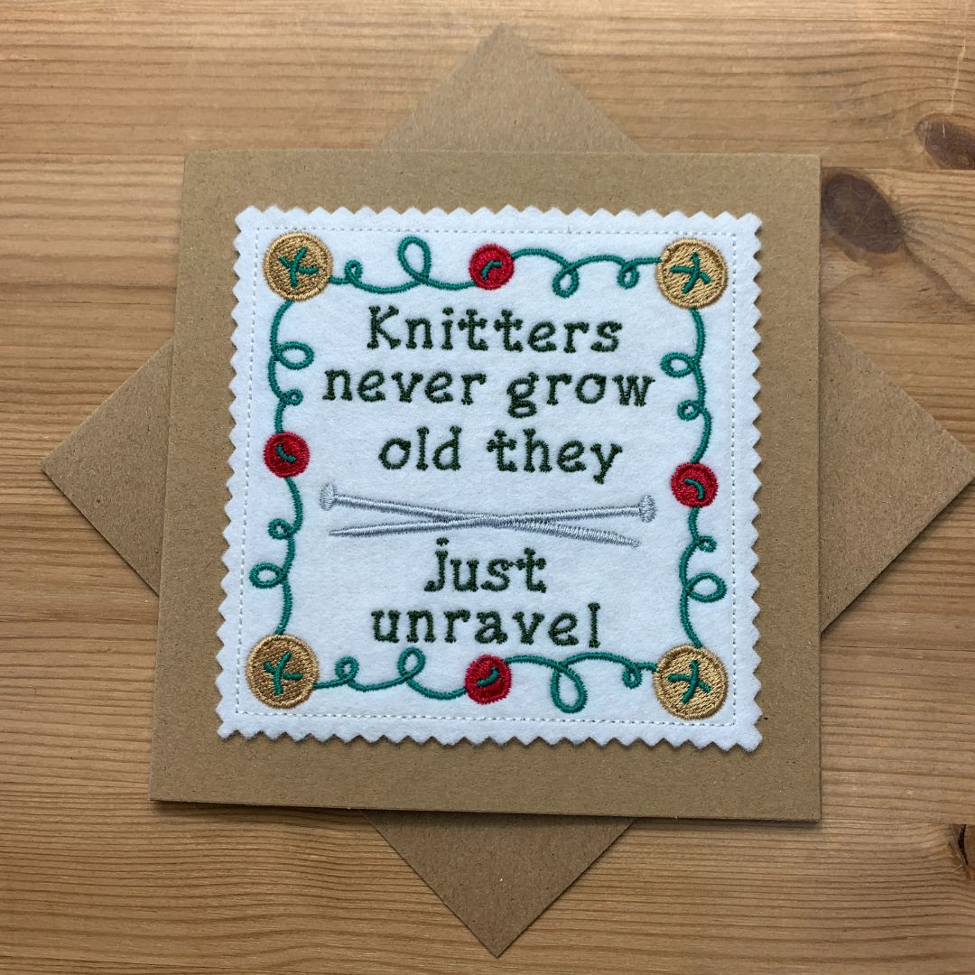 Gifts for knitters, these beautiful cards are embroidered at coralie's crafts & gifts in Blandford Forum, Dorset