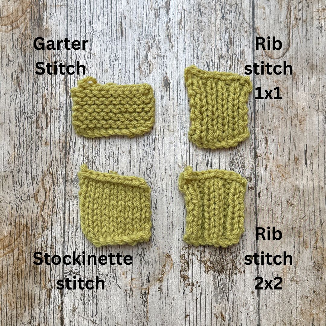 Four knitted yarn swatches in a muted yellow-green shade arranged on a weathered wood background, labeled 'Garter Stitch,' 'Rib stitch 1x1,' 'Stockinette stitch,' and 'Rib stitch 2x2.'.