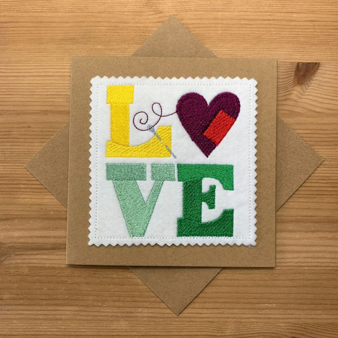 Love sewing design beautifully embroidered onto felt by Coralie's Crafts & Gifts & made into a wonderful card that can also be kept as a keepsake item after being gifted.