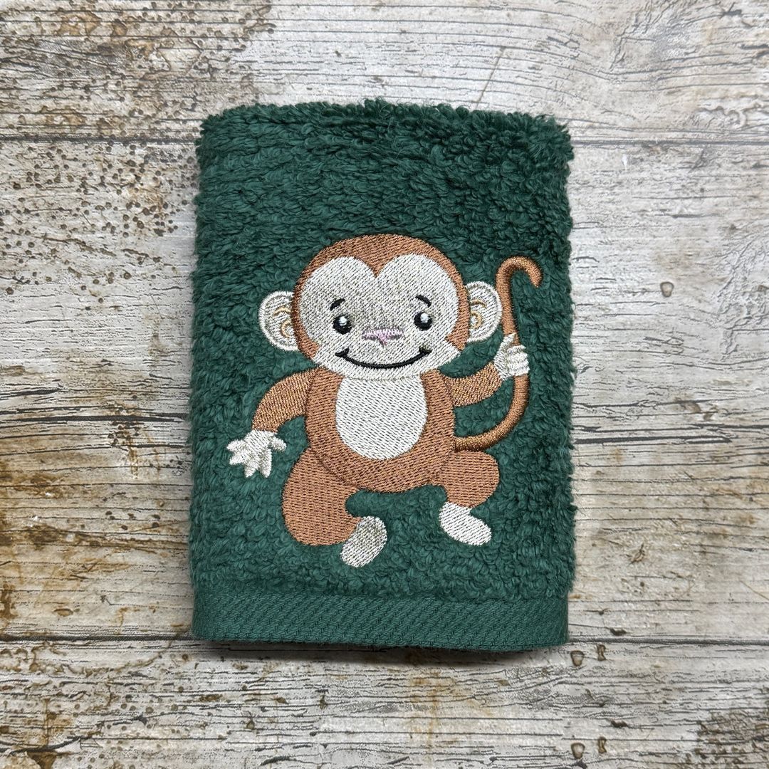 Beautiful Cheeky monkey design embroidered onto super soft cotton face cloths by Coralie's Crafts & Gifts in Dorset, UK