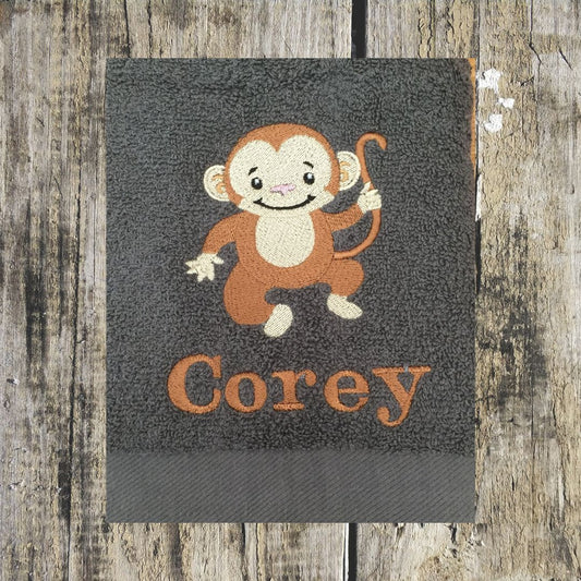 This cheeky monkey design personalised with a name can be embroidered onto hand towels, bath towels, bath sheets and hooded towels to order by Coralie at Coralie's Crafts & Gifts