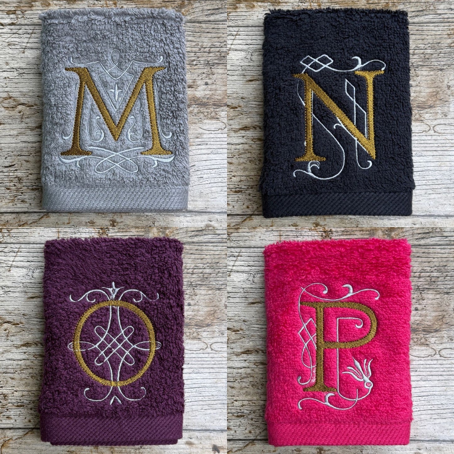 Four towels with embroidered letters 'M', 'N', 'O', and 'P' on a wooden surface.
