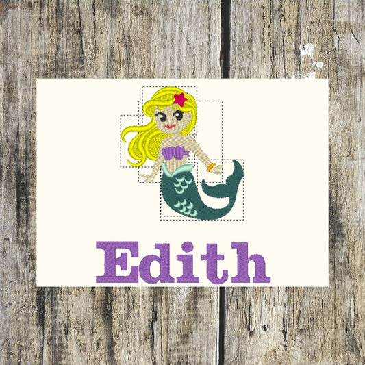 Layout of a Mermaid character with 'Edith' text on a wooden background for personalised towels