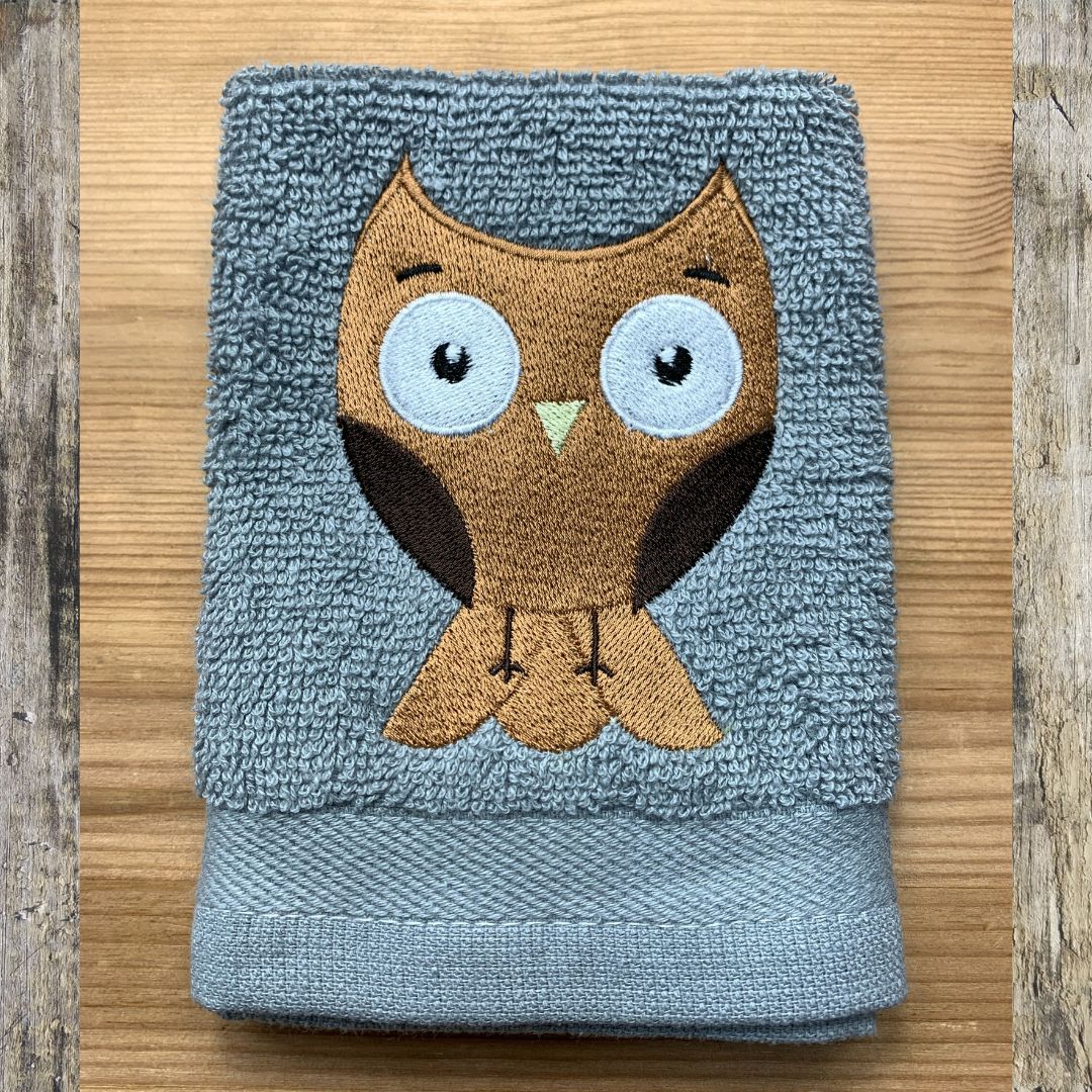 Beautiful owl design embroidered onto super soft cotton face cloths to order at Coralie's Crafts & Gifts in Dorset, England.