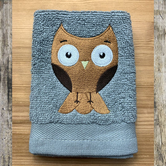 Beautiful owl design embroidered onto super soft cotton face cloths to order at Coralie's Crafts & Gifts in Dorset, England.