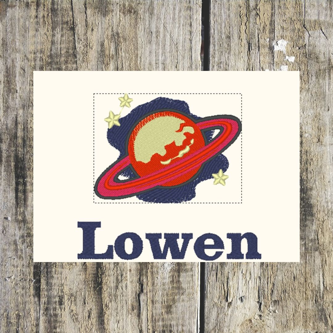 Planet design with 'Lowen' text on a wooden background