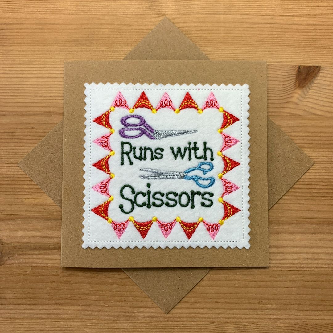 Beautifully embroidered sewing  themed craft card, made by coralie's crafts & gifts, can be kept as a keepsake item after being gifted
