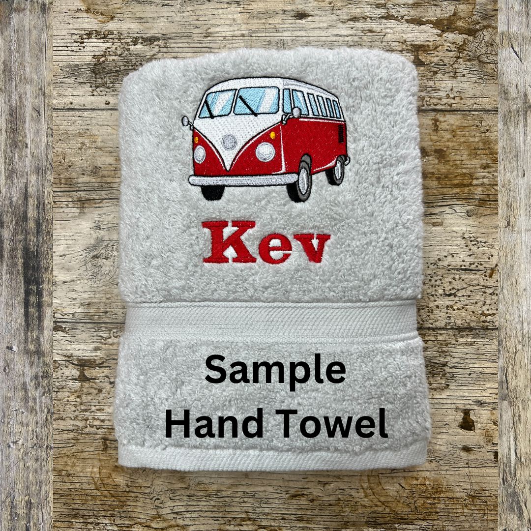This hand towel sample shows where the placement of the design and name are placed & embroidered. 