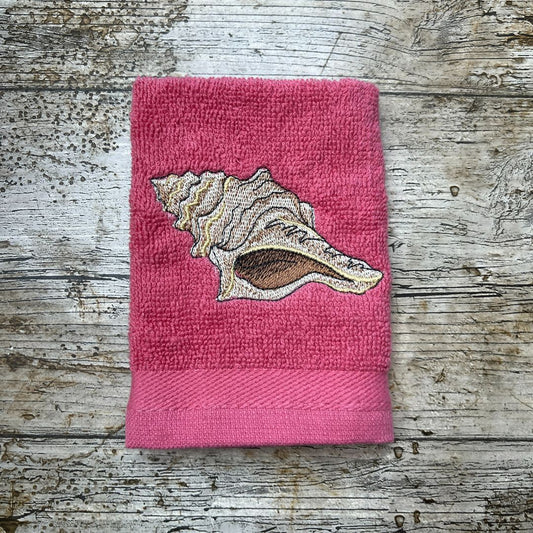 Gorgeous Seashell design embroidered onto super soft face cloths, perfect gifts for people who like shells, all embroidered at Coralie's Crafts & Gifts in Dorset. 