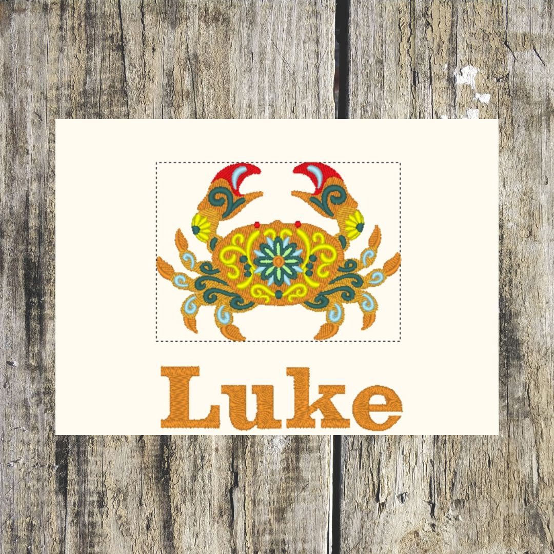 Beautifully embroidered Crab with lovely design embellishments on and personalised with a name, can be embroidered onto hand towels, bath towels, bath sheets and hooded towels
