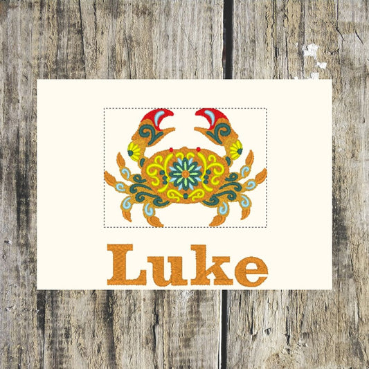 Beautifully embroidered Crab with lovely design embellishments on and personalised with a name, can be embroidered onto hand towels, bath towels, bath sheets and hooded towels