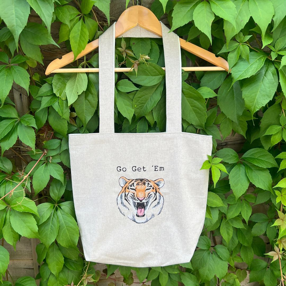 This fabulous handmade tote bag with a fantastic positive vibe tiger embroidery design with the quote "Go Get 'Em".  We at Coralie's Crafts & Gifts just love this design. 