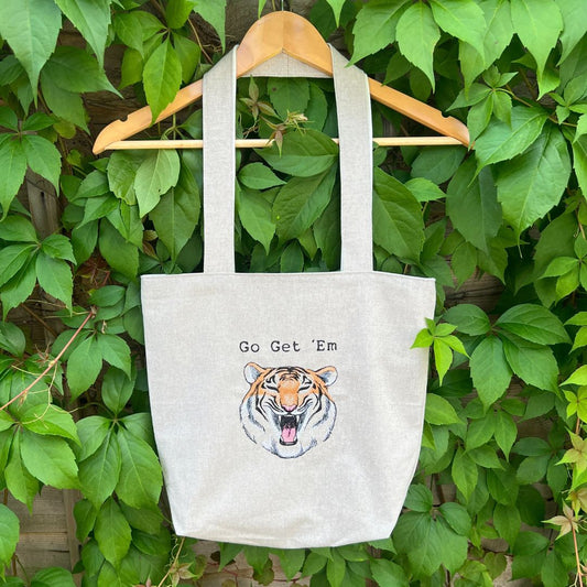 This fabulous handmade tote bag with a fantastic positive vibe tiger embroidery design with the quote "Go Get 'Em".  We at Coralie's Crafts & Gifts just love this design. 