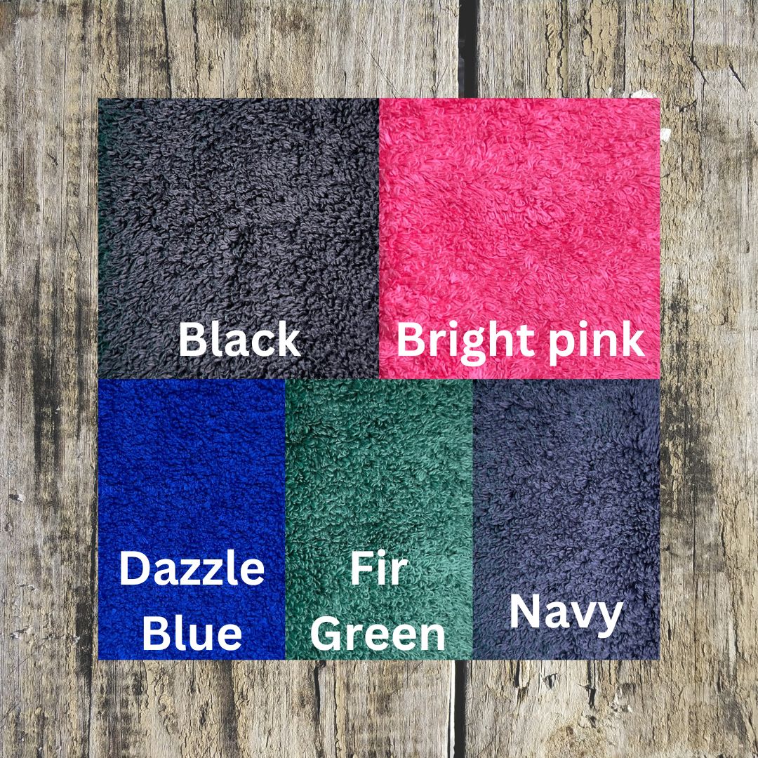 Face cloths Colours that you can choose from, this photo includes the following colours:- Black, Bright Pink, Dazzle Blue, Fir Green and Navy