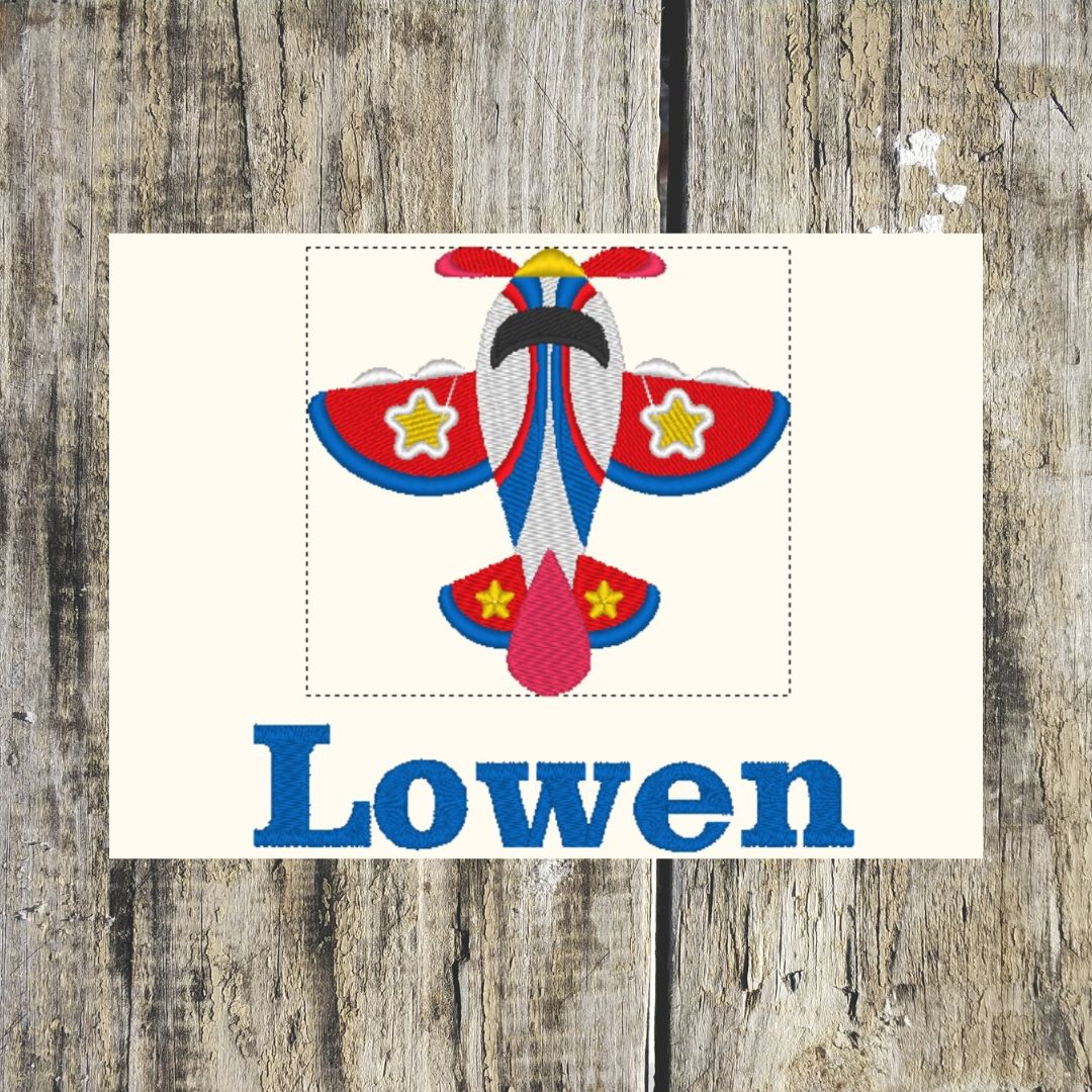Beautiful toy plane design personalised with a name underneath on a wooden background, made by Coralie's Crafts Gifts