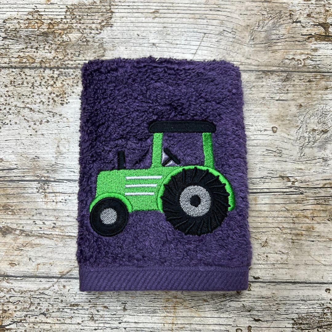 Great Tractor design, perfect for any tractor fans big or small, embroidered onto super soft face cloths, the main colour of the tractor can be different colours.