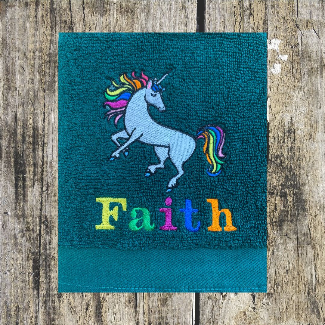 This gorgeous Unicorn is just stunning with a rainbow mane & therefore when a name is added for personalisation Its also embroidered in rainbow colours, this can then be embroidered onto hand towels, bath towels, bath sheets and hooded towels. 
